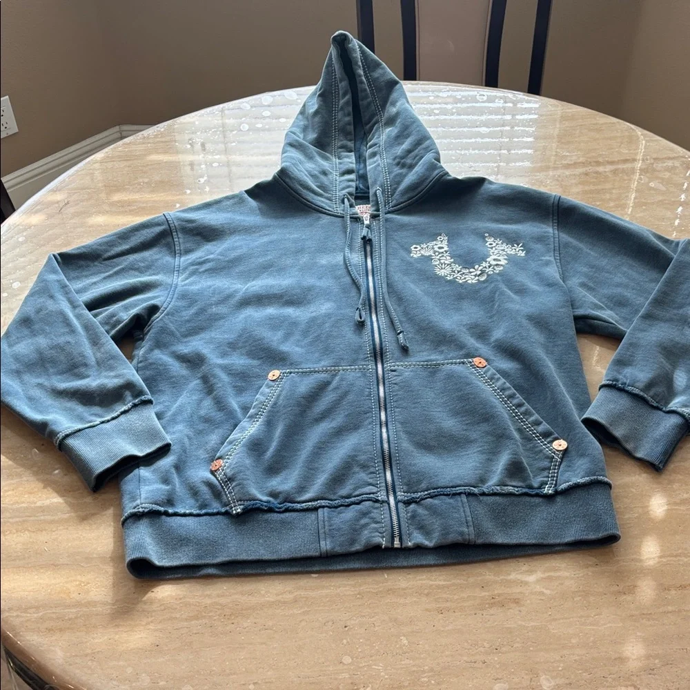 True Religion Blue Hoodie with Embroidered Logo. Unisex